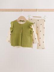 Ecru / Green Knitted Gilet and Printed Rib 3 Piece Baby Set (0mths-2yrs) - Image 1 of 15