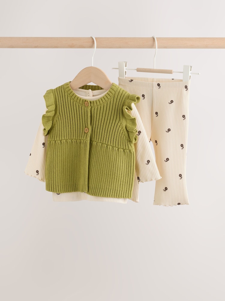 Ecru / Green Knitted Gilet and Printed Rib 3 Piece Baby Set (0mths-2yrs) - Image 1 of 15 Ecru / Green Knitted Gilet and Printed Rib 3 Piece Baby Set (0mths-2yrs) - Image 1 of 15