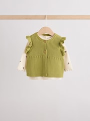 Ecru / Green Knitted Gilet and Printed Rib 3 Piece Baby Set (0mths-2yrs) - Image 2 of 15