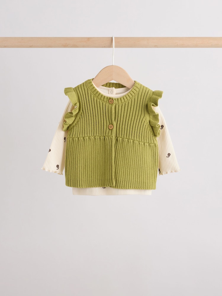 Ecru / Green Knitted Gilet and Printed Rib 3 Piece Baby Set (0mths-2yrs) - Image 2 of 15 Ecru / Green Knitted Gilet and Printed Rib 3 Piece Baby Set (0mths-2yrs) - Image 2 of 15