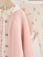 White Floral Bodysuit, Legging with Pink Knitted Cardigan Baby 3 Piece Set (0mths-2yrs) - Image 18 of 21