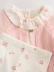 White Floral Bodysuit, Legging with Pink Knitted Cardigan Baby 3 Piece Set (0mths-2yrs) - Image 21 of 21