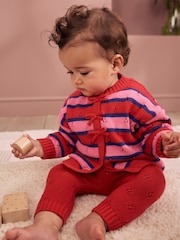 Red Stripe Knitted Bow Cardigan and Leggings Baby 2 Piece Set (0mths-2yrs) - Image 1 of 16
