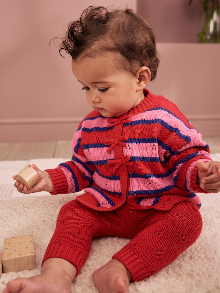 Red Stripe Knitted Bow Cardigan and Leggings Baby 2 Piece Set (0mths-2yrs) - Image 1 of 16 Red Stripe Knitted Bow Cardigan and Leggings Baby 2 Piece Set (0mths-2yrs) - Image 1 of 16