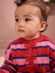 Red Stripe Knitted Bow Cardigan and Leggings Baby 2 Piece Set (0mths-2yrs) - Image 2 of 16