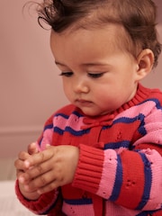 Red Stripe Knitted Bow Cardigan and Leggings Baby 2 Piece Set (0mths-2yrs) - Image 3 of 16