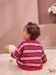 Red Stripe Knitted Bow Cardigan and Leggings Baby 2 Piece Set (0mths-2yrs) - Image 5 of 16