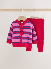 Red Stripe Knitted Bow Cardigan and Leggings Baby 2 Piece Set (0mths-2yrs) - Image 7 of 16