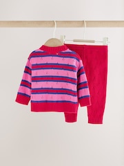 Red Stripe Knitted Bow Cardigan and Leggings Baby 2 Piece Set (0mths-2yrs) - Image 8 of 16
