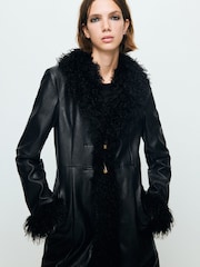Mango Black Faux Leather Faux Fur Trim Coat - Image 1 of 7