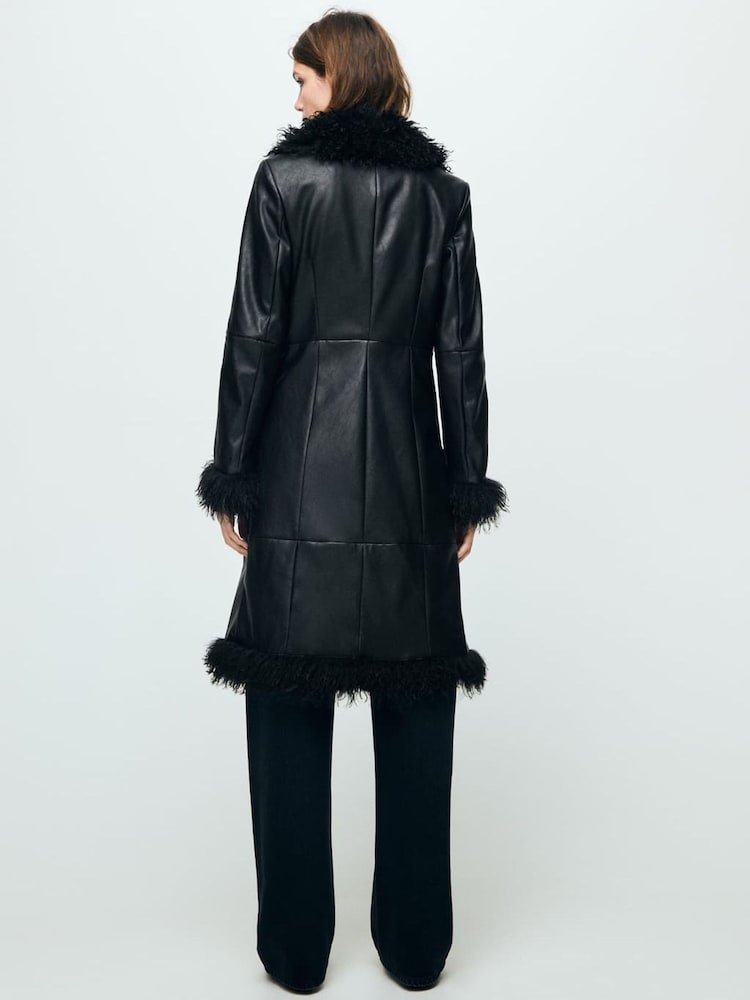 Mango Black Faux Leather Faux Fur Trim Coat - Image 2 of 7 Mango Black Faux Leather Faux Fur Trim Coat - Image 2 of 7