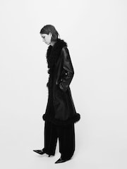 Mango Black Faux Leather Faux Fur Trim Coat - Image 3 of 7
