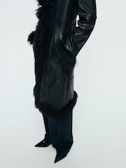 Mango Black Faux Leather Faux Fur Trim Coat - Image 4 of 7