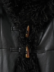 Mango Black Faux Leather Faux Fur Trim Coat - Image 6 of 7