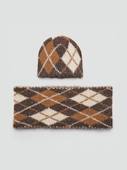 Mango Brown Argyle Hat and Scarf Set - Image 1 of 3