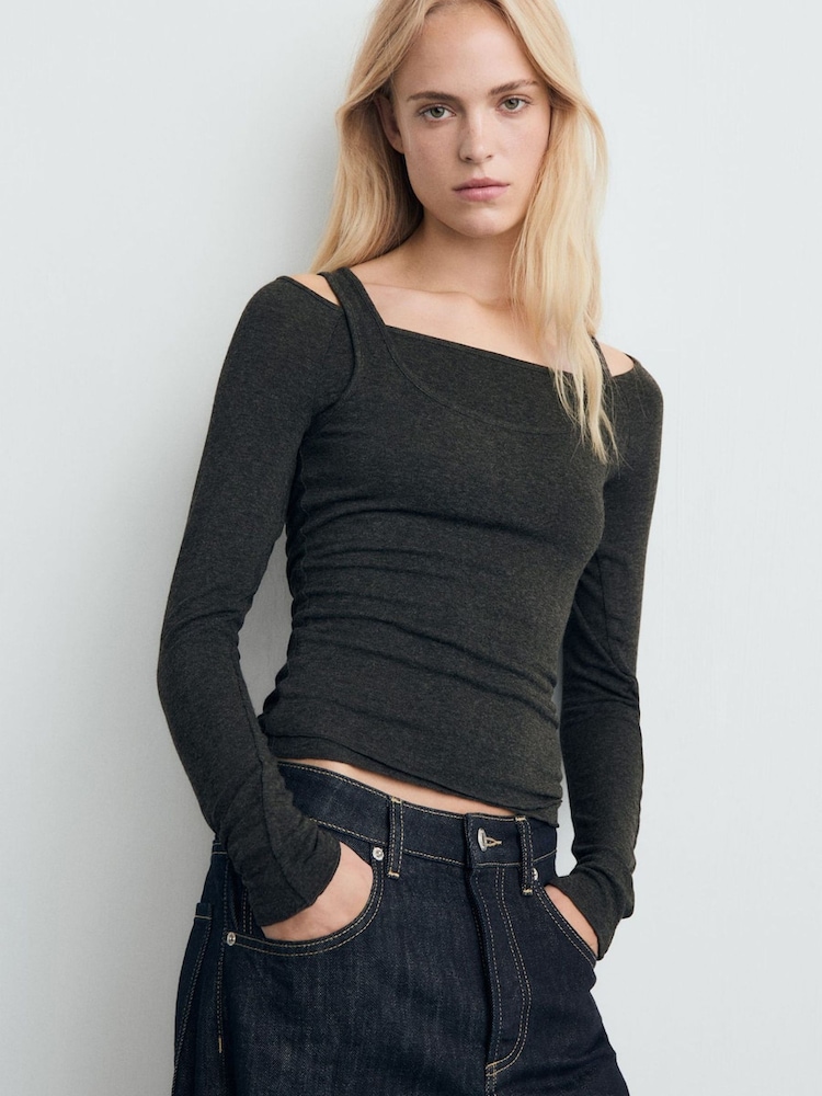 Mango Grey Layered Fine Knit Top - Image 1 of 6 Mango Grey Layered Fine Knit Top - Image 1 of 6