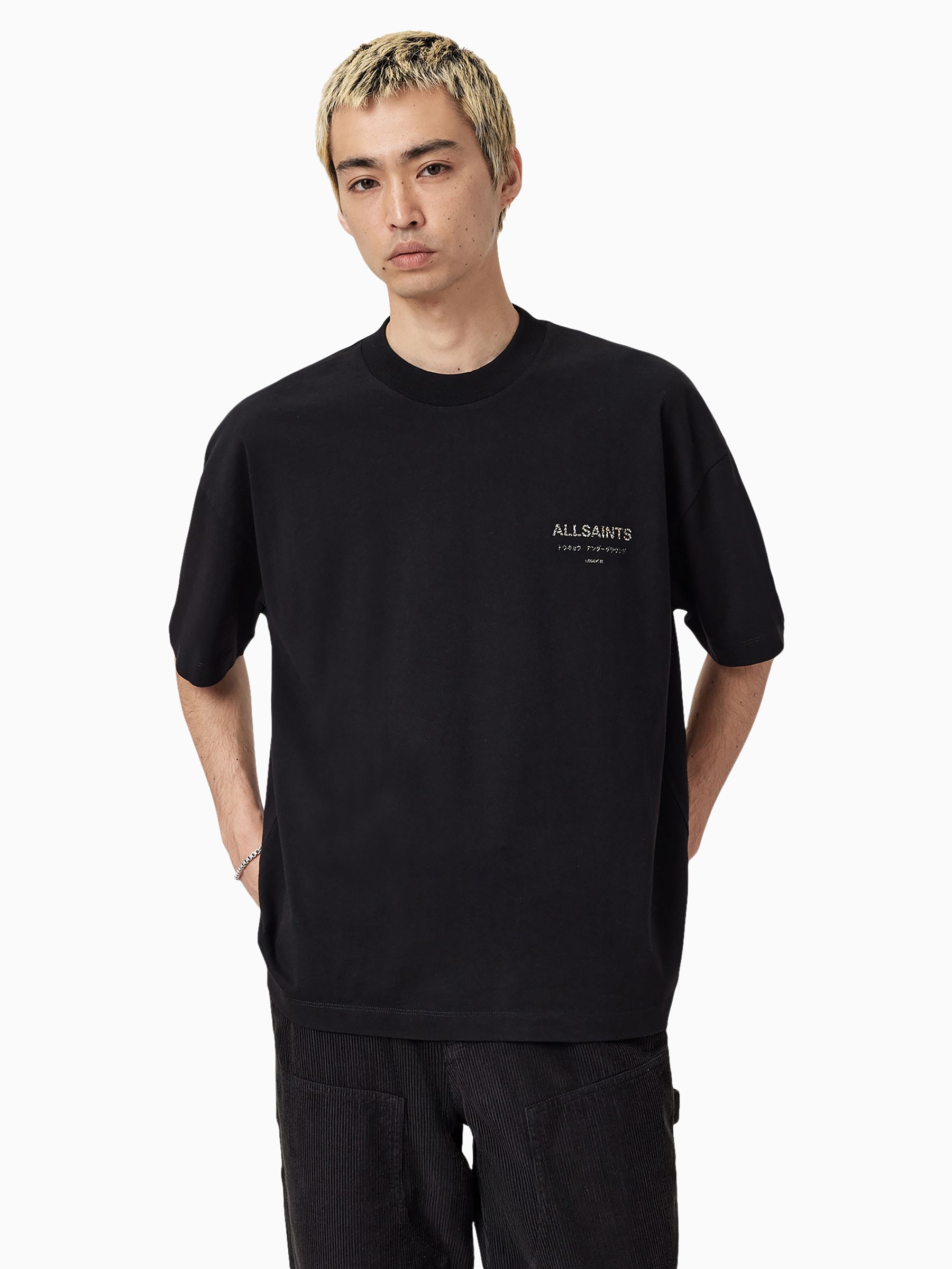 Buy AllSaints Black Leopard Underground Oversized Cotton Crew Neck