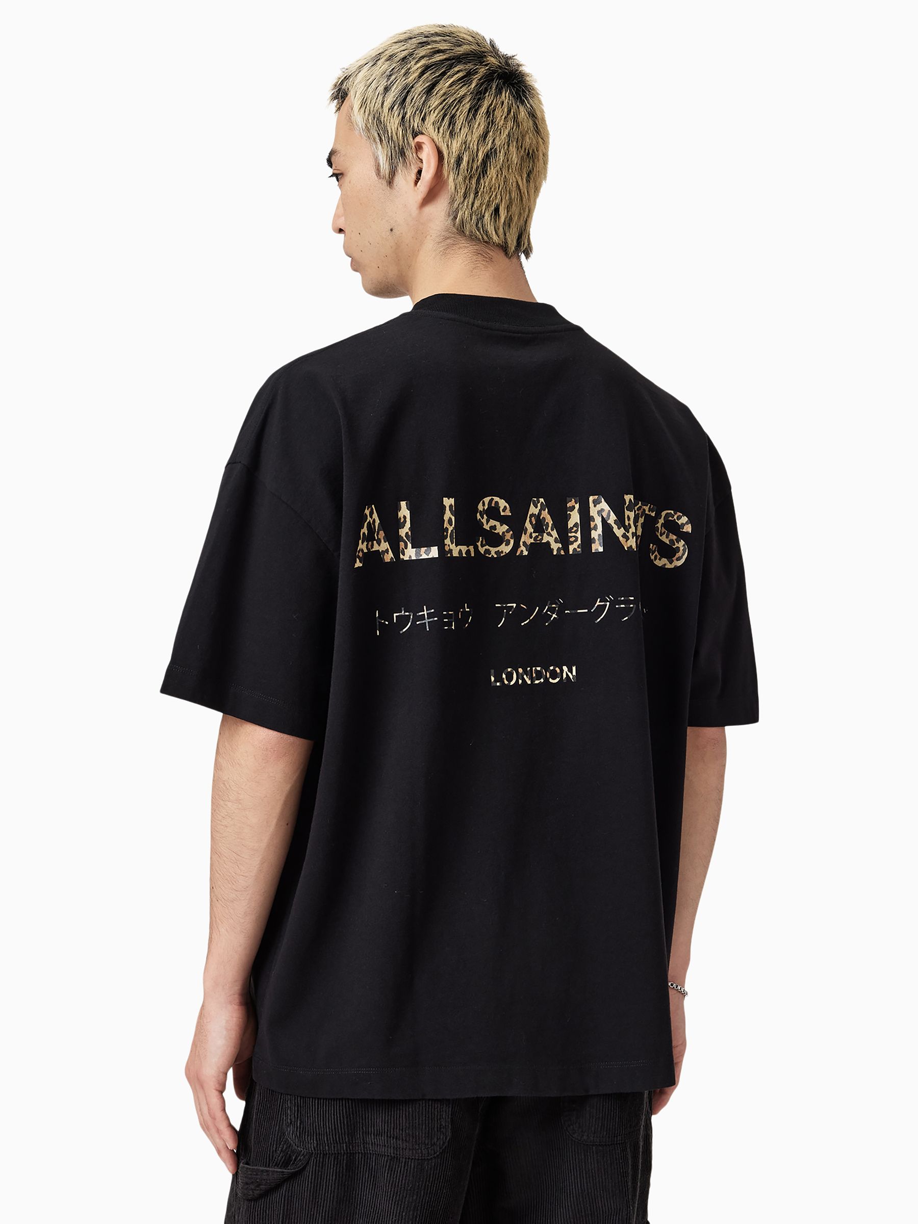 Buy AllSaints Black Leopard Underground Oversized Cotton Crew Neck