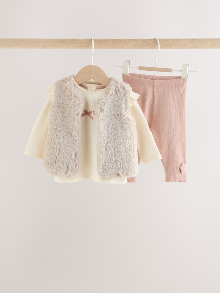 Pink/Cream Fur Baby Gilet Top and Leggings 3 Piece Set (0mths-2yrs) - Image 1 of 11