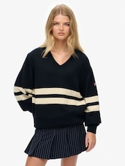 Superdry Blue Oversized Striped V-Neck Jumper - Image 1 of 6