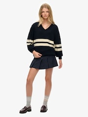 Superdry Blue Oversized Striped V-Neck Jumper - Image 3 of 6