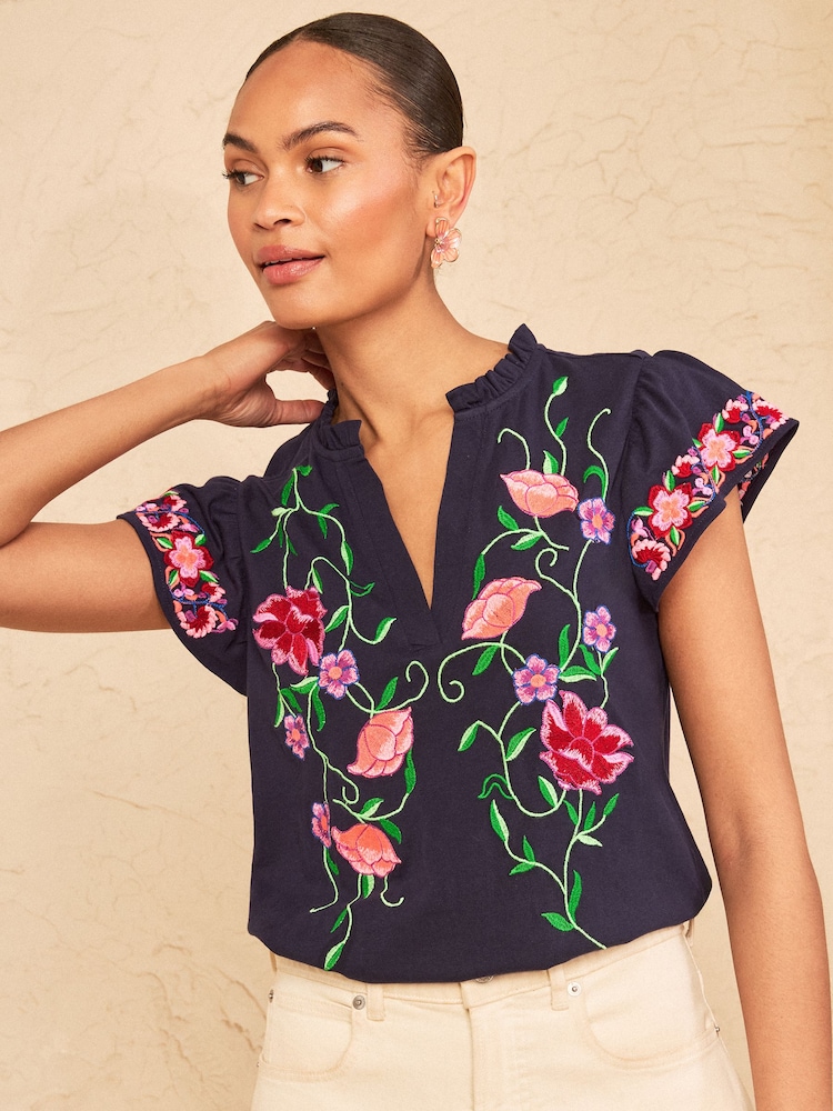 Love & Roses Navy Blue Floral Embroidered Notch Neck Flutter Sleeve Top - Image 1 of 4