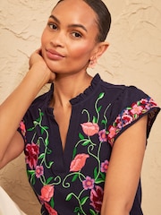 Love & Roses Navy Blue Floral Embroidered Notch Neck Flutter Sleeve Top - Image 2 of 4