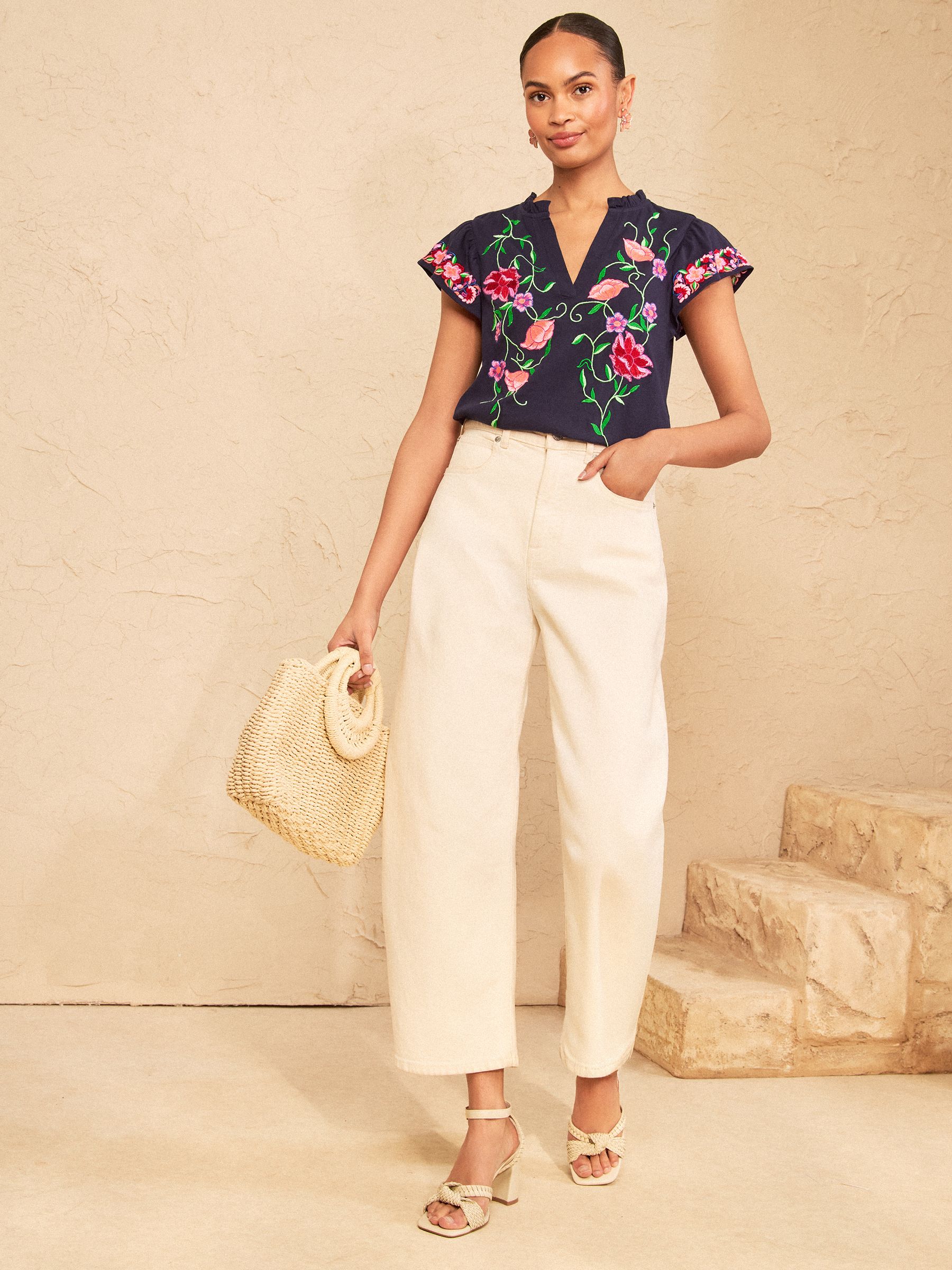 Buy Love & Roses Navy Blue Floral Embroidered Notch Neck Flutter