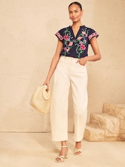 Love & Roses Navy Blue Floral Embroidered Notch Neck Flutter Sleeve Top - Image 3 of 4