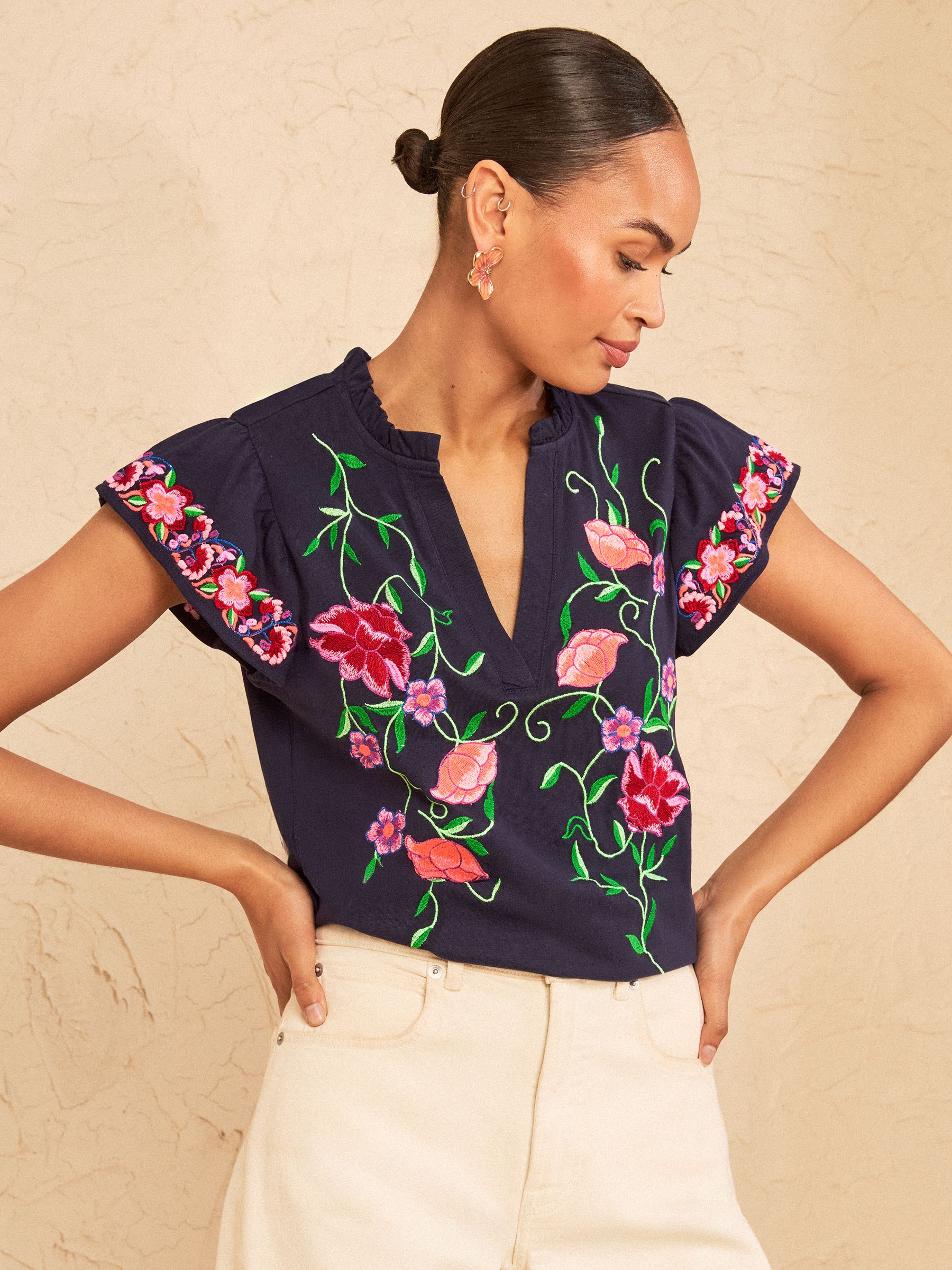 Buy Love & Roses Navy Blue Floral Embroidered Notch Neck Flutter