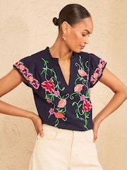 Love & Roses Navy Blue Floral Embroidered Notch Neck Flutter Sleeve Top - Image 4 of 4
