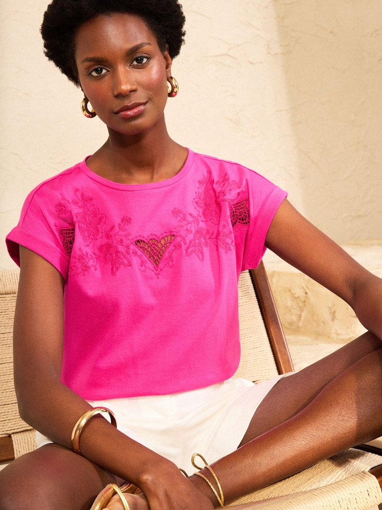 Love & Roses Bright Pink Cutwork Embroidered Crew Neck T-Shirt - Image 1 of 4 Love & Roses Bright Pink Cutwork Embroidered Crew Neck T-Shirt - Image 1 of 4