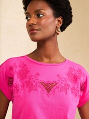Love & Roses Bright Pink Cutwork Embroidered Crew Neck T-Shirt - Image 2 of 4