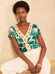 Love & Roses Green Palm Print Embroidered V-Neck T-Shirt - Image 1 of 4