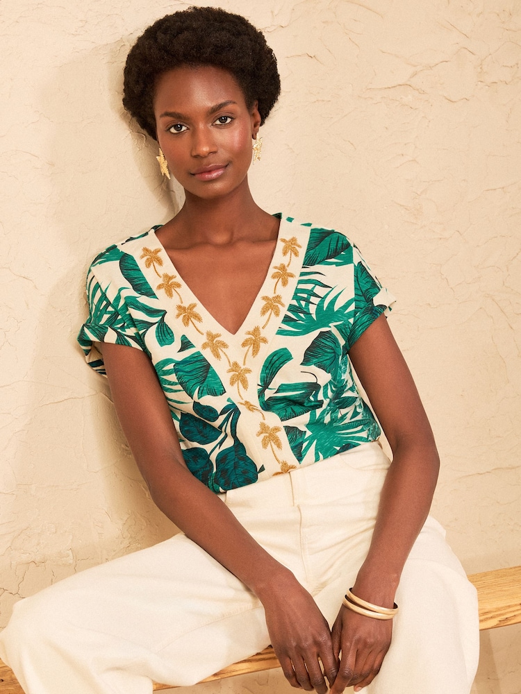 Love & Roses Green Palm Print Embroidered V-Neck T-Shirt - Image 1 of 4
