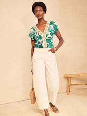 Love & Roses Green Palm Print Embroidered V-Neck T-Shirt - Image 3 of 4