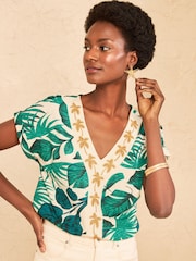 Love & Roses Green Palm Print Embroidered V-Neck T-Shirt - Image 4 of 4