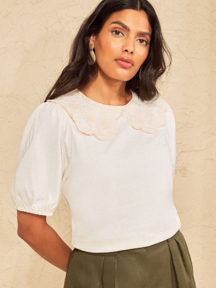 Love & Roses Ivory Embroidered Collar Puff Sleeve T-Shirt - Image 1 of 4