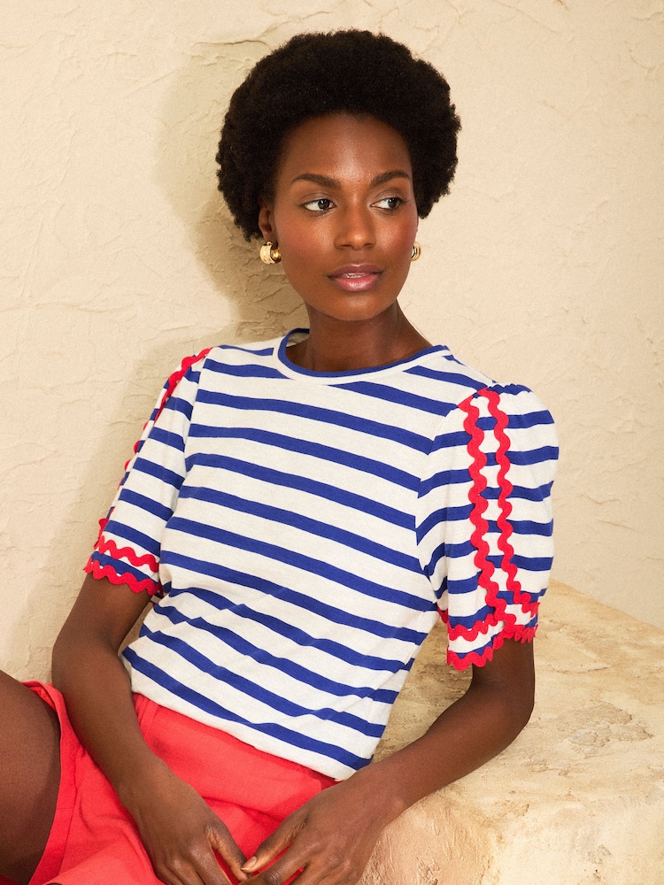 Love & Roses Cobalt Blue Stripe Crew Neck Ric Rac Sleeve Scallop T-Shirt - Image 1 of 4