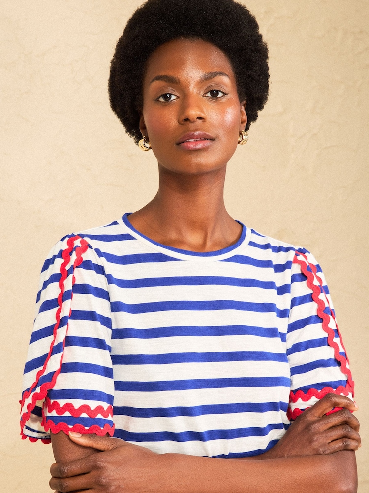 Love & Roses Cobalt Blue Stripe Crew Neck Ric Rac Sleeve Scallop T-Shirt - Image 2 of 4