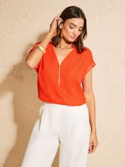 Orange - Love & Roses Roll Sleeve Zip Front Blouse - Bild 4 von 4