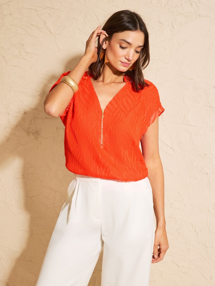 Orange - Love & Roses Roll Sleeve Zip Front Blouse - Bild 4 von 4