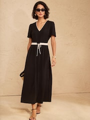 Love & Roses Black Petite Tailored Short Sleeve Dress With Contrast Tie Waist Panel - Image 1 of 4