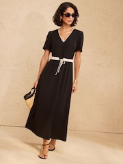 Love & Roses Black Petite Tailored Short Sleeve Dress With Contrast Tie Waist Panel - Image 3 of 4
