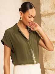 Love & Roses Khaki Green Petite Roll Sleeve Button Through Sequin Trim Shirt - Image 1 of 4