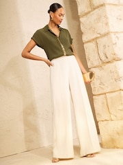 Love & Roses Khaki Green Petite Roll Sleeve Button Through Sequin Trim Shirt - Image 3 of 4