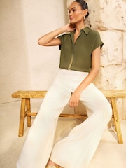 Love & Roses Khaki Green Petite Roll Sleeve Button Through Sequin Trim Shirt - Image 4 of 4