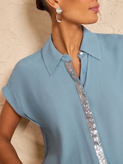 Love & Roses Roll Sleeve Button Through Sequin Trim Shirt - 4的图像2｝