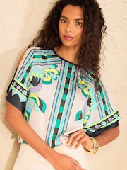 Love & Roses Navy And Ivory Abstract Print Batwing Satin Front Jersey T-Shirt - Image 1 of 5