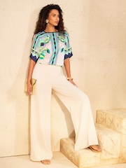 Love & Roses Navy And Ivory Abstract Print Batwing Satin Front Jersey T-Shirt - Image 3 of 5